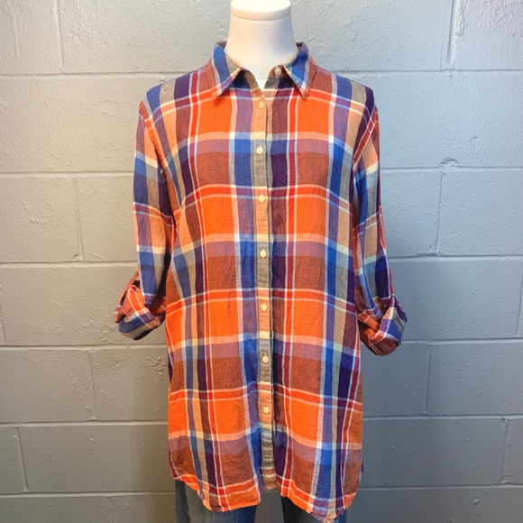 Lauren Ralph Lauren Plaid Linen Roll-Tab Sleeve Button Up Blouse Women's Large - Picture 3 of 9